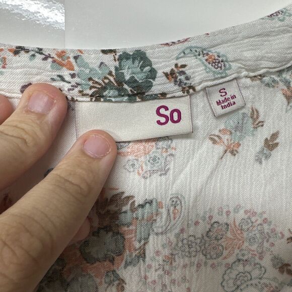 SO Juniors Small Boho Floral Peasant Top Long Sleeve Lace Up Blouse White - Picture 7 of 9